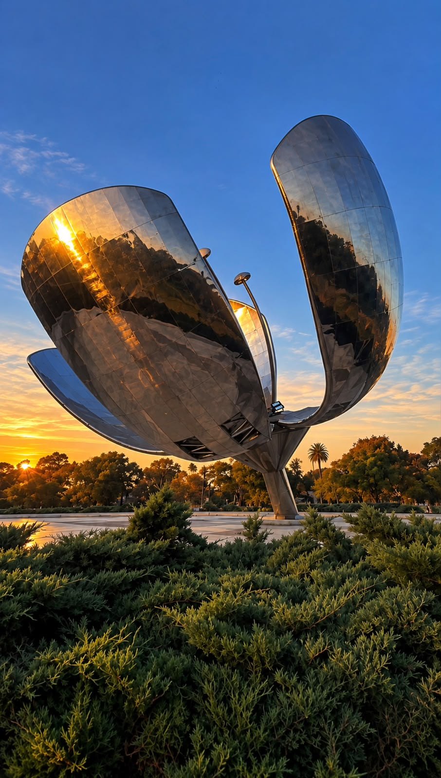 Floralis Genérica a contraluz del sol de la tarde