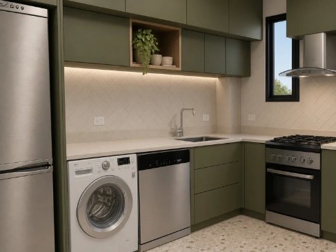 Proyecto de la cocina reformada con frentes verde oliva